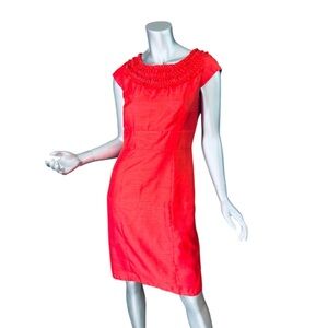 SD Collection Dress Coral Red Size 6 Lined Ruffle Neck Cap Sleeves Satin Knee